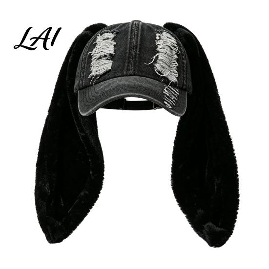 PlushLong Ear Baseball Cap with Plush Rabbit Ears Washed Distressed Peaked Hat for Bunny Ears Winter Long Dance Party Show Festivals