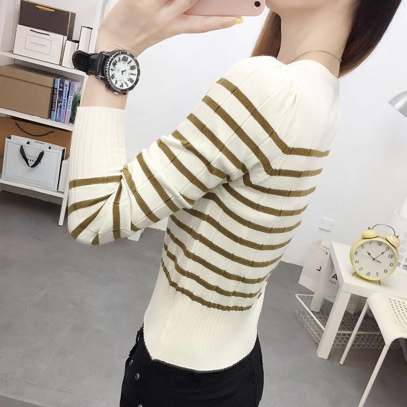 Women's Square Neck Striped Sweater Spring Autumn Fashion Designed Long Sleeve Top Short Length Knitted Base Layer