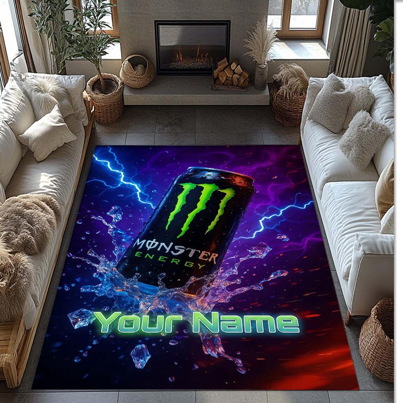 Monster Energy Kristall-Samt Teppich, Benutzerdefinierter Name Text Personalisierte Rutschfeste Fußmatte für Heimdekoration Geschenk