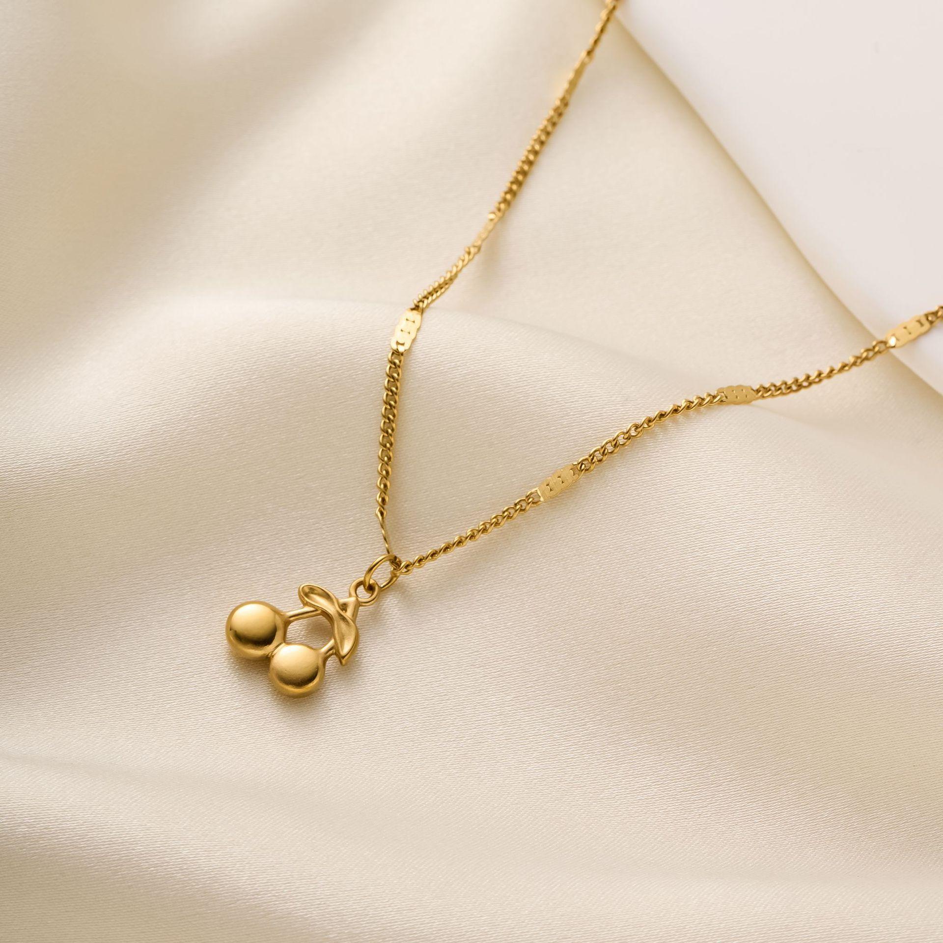 Small Cherry Pendant Necklace for Women Girls Stainless Steel Gold Color Chain Choker Cute Fruit Zircon Birthday Gift 40-45 cm