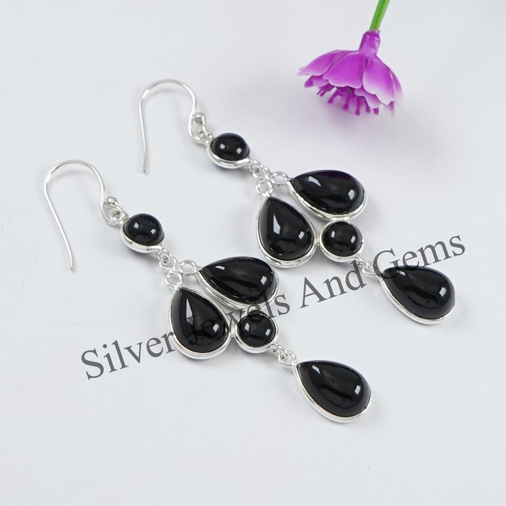 Black Onyx Earring, Multi Stone Earring, 925 Sterling Silver Bezel Earring, Gift for Girls, Handmade Earring, December Birthstone Earring