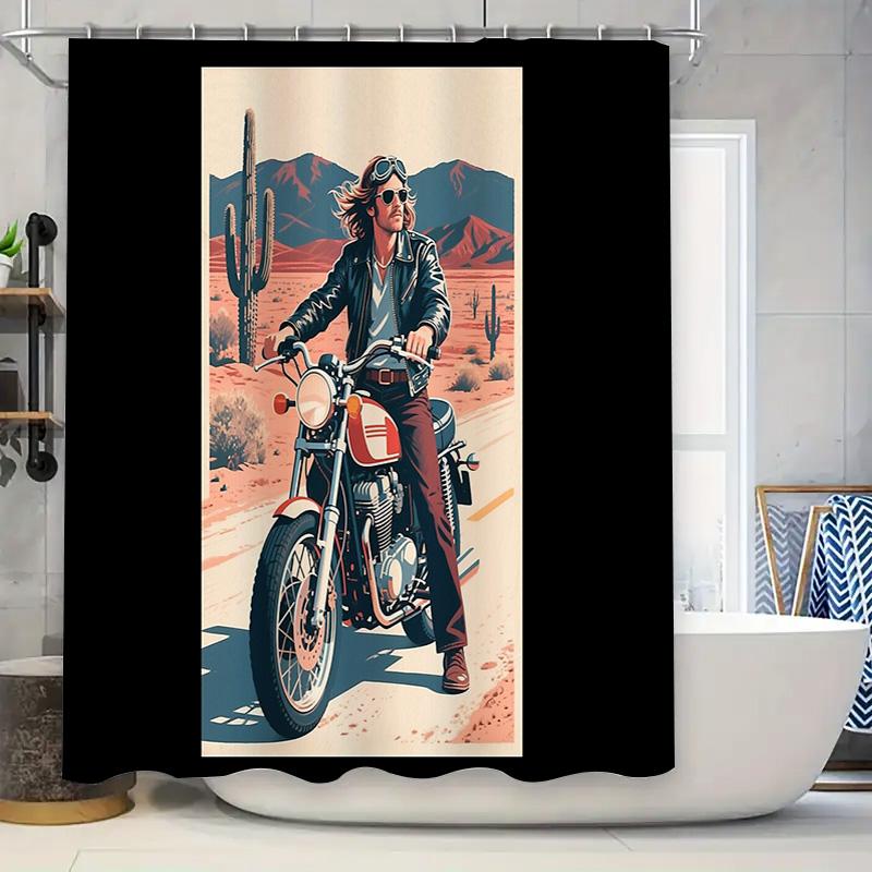 

Motorcycle Rider Shower Curtain Motorcycle Lover Gift Vintage Racing Bike Wall Art Bathroom Decor Rocker Musician Cool Black Mot W60H190(CM)-1 Pcs