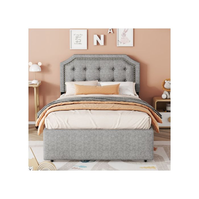 Lit Plat 90*200 Cm, Lit Rembourré, Chevet Rembourré Avec Rivets Décoratifs, Double Tiroirs, Gris