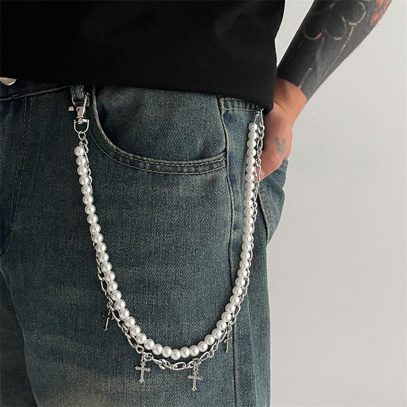 Fashion Imitation Pearl Cross Jeans Chain Keychain Men Women Trousers Hipster Pant Chain HipHop Jewelry
