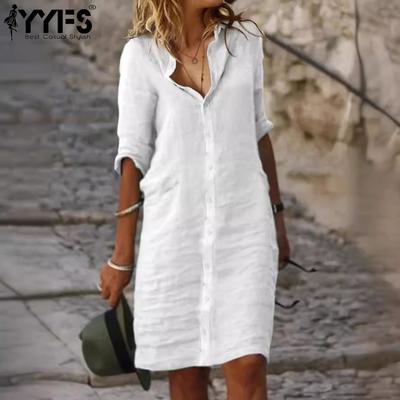 Women's Fashion Summer Spring Solid Color Print 1/2 Sleeves POLO Neck Loose Waistline Casual Dresses