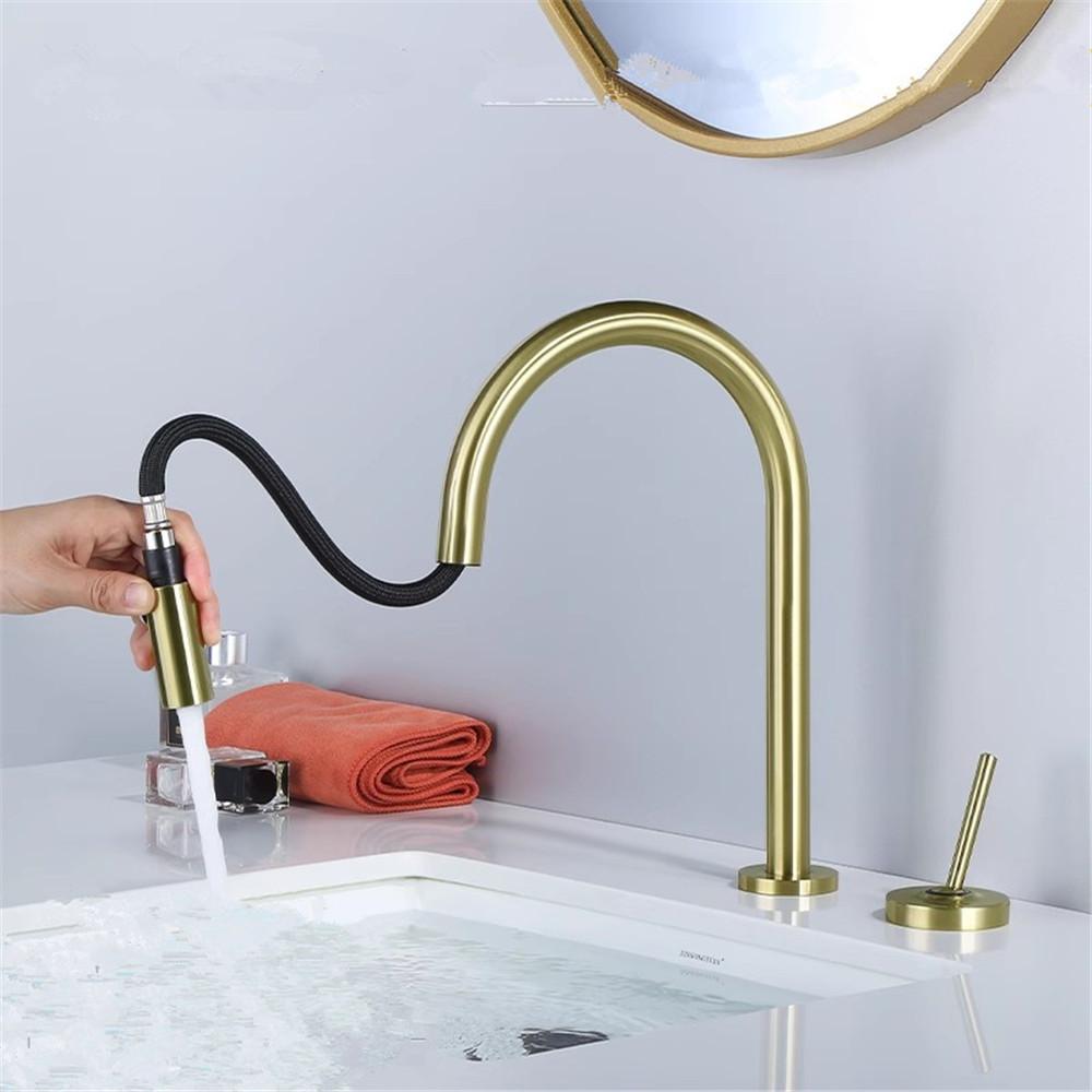 Brushed Gold Pull Out Basin faucet Black Bathroom Widespread  bathroom faucet sink tap 360 rotating widespread 2 Hole basin Tap