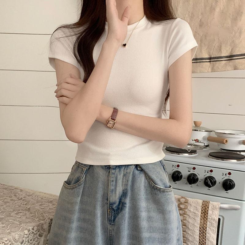Front shoulder pink short-sleeved cotton T-shirt women's summer new Spice Girl tight-fitting design short small stand-up collar inner top