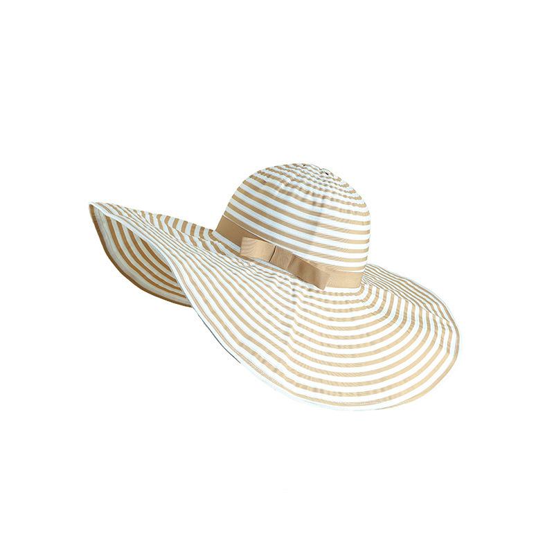 Ladies Summer Sun Hat Foldable Striped Vintage Large Brim Elegant Sunscreen Sun Hat Seaside Beach