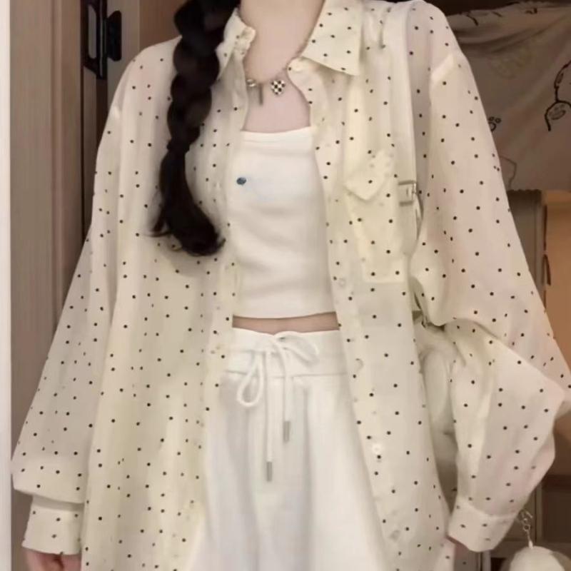 Korean-style Mid-length Polka Dot Shirt Coat for Women Thin Style In Summer Loose and Lazy Style Mi-style Layering Sunscreen Shirt