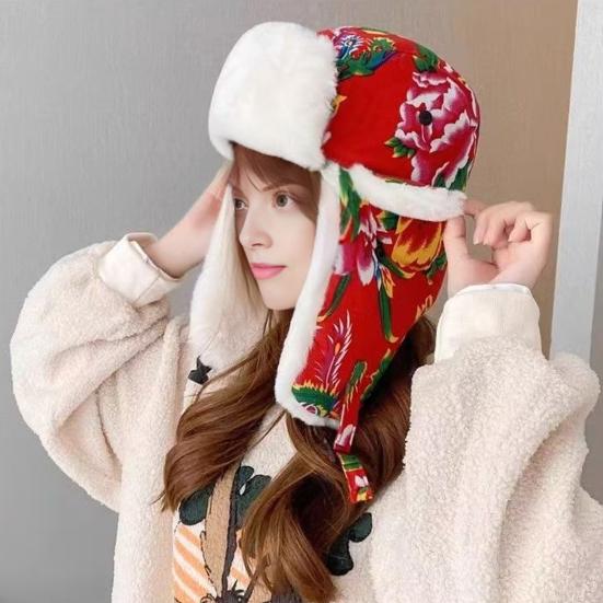 Lei Feng Hat Floral Pattern Thickened Plush Lining Northeastern Hat with Wide Brim Earmuffs Winter Outdoor Headwear