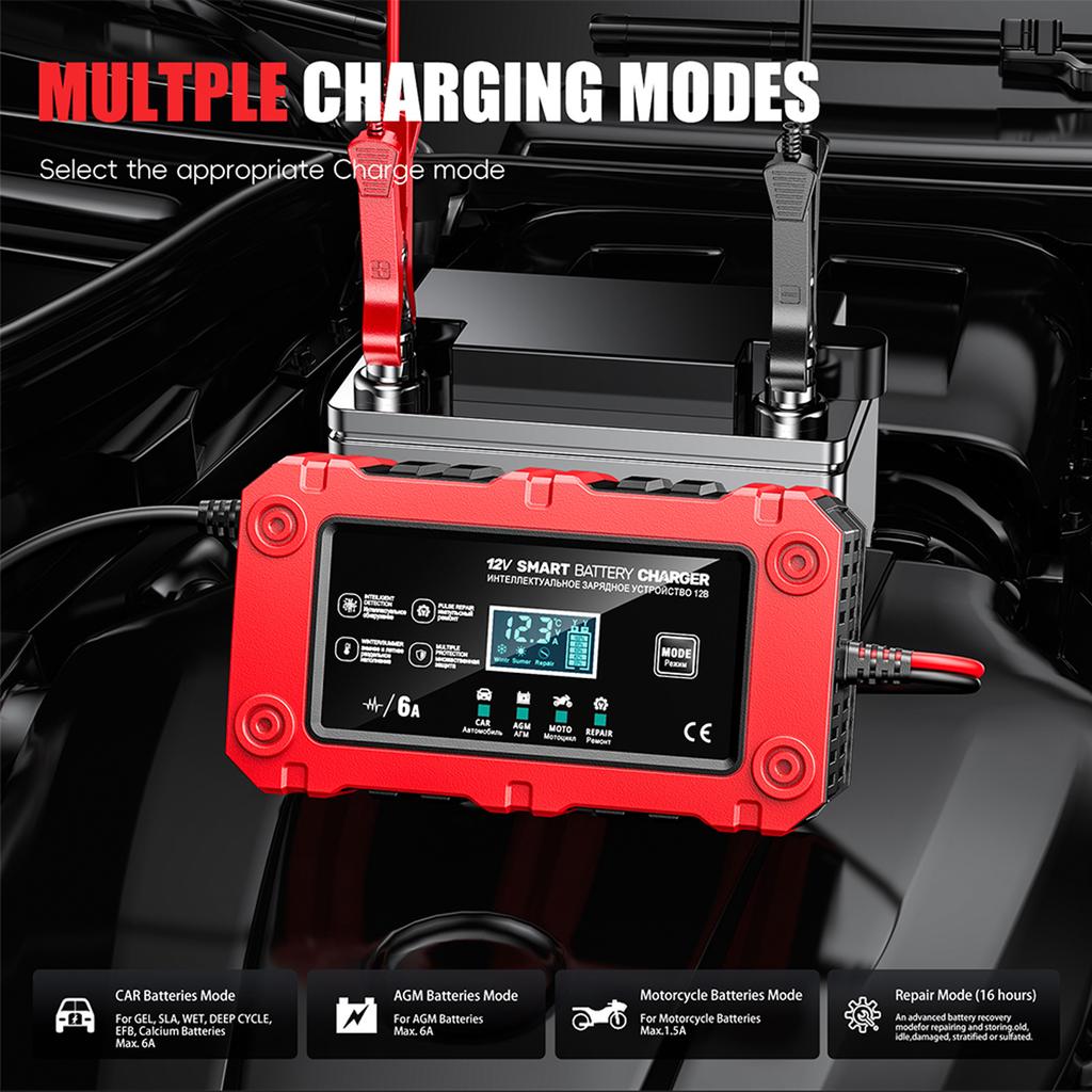 6A 12V Car Battery Charger Battery Maintainer Trickle Charger Smart Charger for Auto Motorcycle Lead-Acid AGM GEL Batteries
