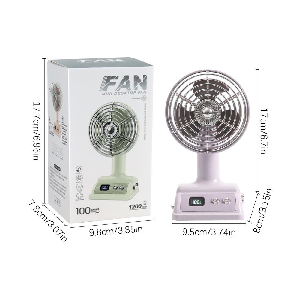 Desktop retro-style mini fan, 100 speed settings, digital display, rechargeable, adjustable, suitable for outdoor use, camping