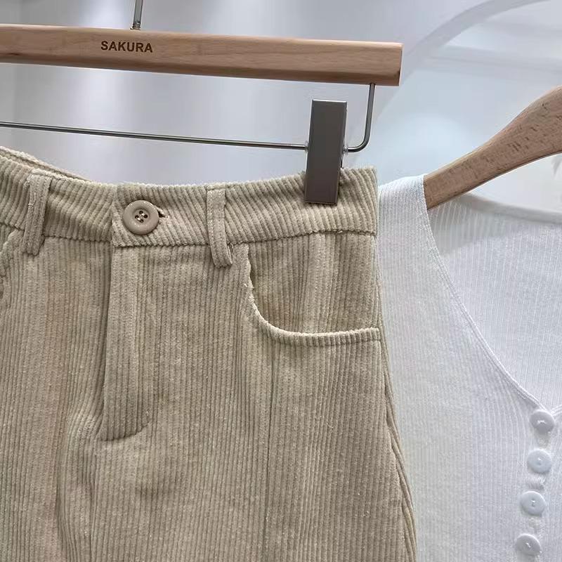 Petite High Waist Corduroy Bodycon Midi Skirt – Women's Autumn/Winter A-line Slit Skirt