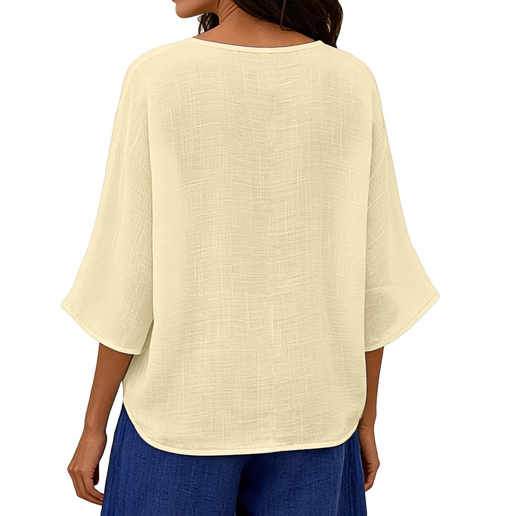 Women's Color Loose Casual Cotton Linen V-neck Fashionable Mid Sleeved Shirt Top