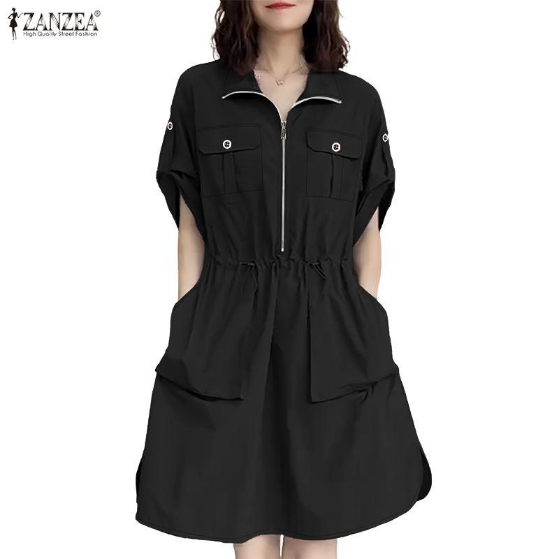 ZANZEA Vestido feminino casual gola virada para baixo verão manga curta