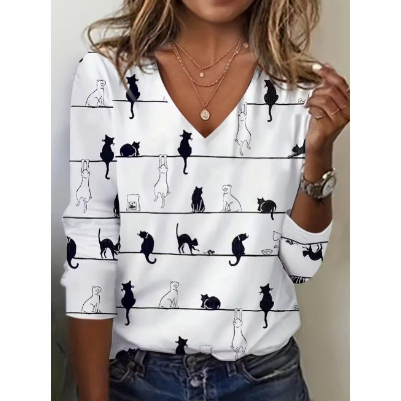 Damen T-Shirt Grafik Tier Libelle Elegant Mode T-Shirts Langarm T-Shirts V-Ausschnitt Reguläre Oberteile Pullover Herbst