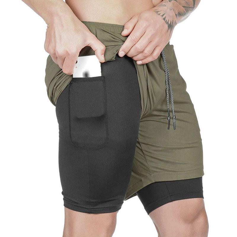Men's Camo Running Double-deck Stretchy Quick Dry Gym Shorts With Secure Phone Bag