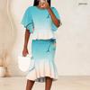 Women Plus Size Crew Neck Turquoise Gradient Palm Printed Batwing Sleeve Ruffle Hem Top Fishtail Skirt Two Piece Set
