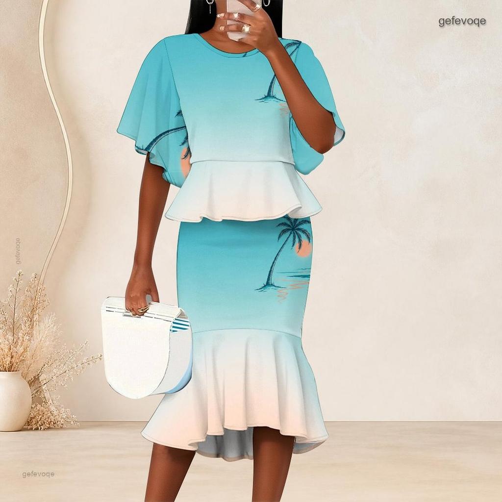 Women Plus Size Crew Neck Turquoise Gradient Palm Printed Batwing Sleeve Ruffle Hem Top Fishtail Skirt Two Piece Set