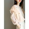 Women's Chic Chiffon Blouse - Autumn 2025 Round Neck, Ruffle Puff Sleeves, Patchwork Design, Small Size, A391.