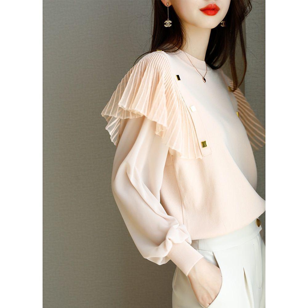 Women's Chic Chiffon Blouse - Autumn 2025 Round Neck, Ruffle Puff Sleeves, Patchwork Design, Small Size, A391.