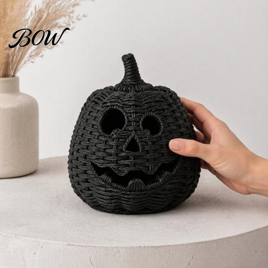Halloween Pumpkin Figurine Faux Rattan Figurine, Black Resin Statue with Witch Unique Matte Hat, Rustic Wicker Tabletop Ornament for Party Home