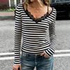 European & American Style V-Neck Lace-Trim Striped Long-Sleeve Slim-Fit Two-Piece Look Top for Women