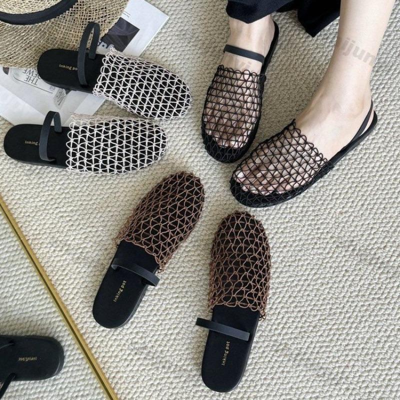 Baotou Fishing Net Flat Shoes Summer 2025 Breathable Mesh Hollow Comfortable Soft Sole Sandals Non Slip Lightweight Slippers