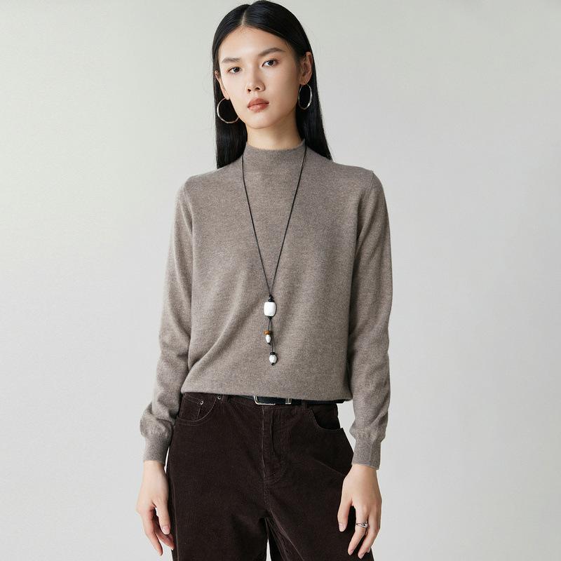 100% Cashmere High Neck Knitwear: Solid Color Loose Pullover