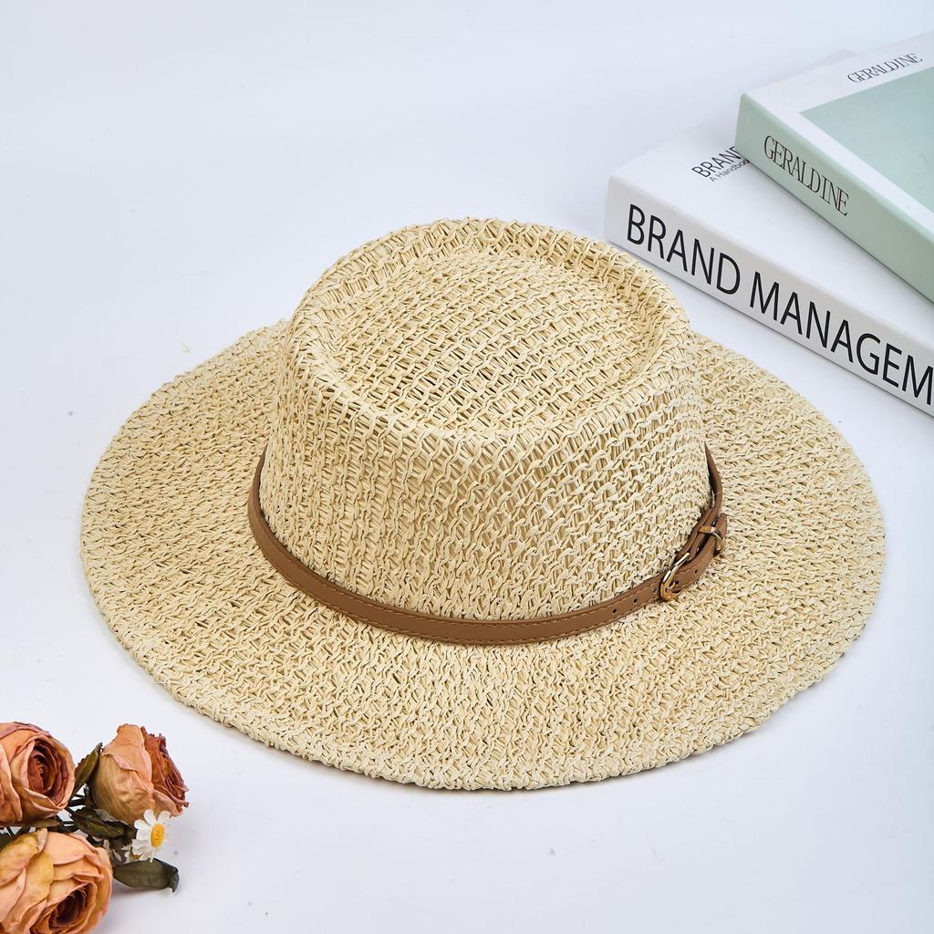 British Retro Travel Flat-top Straw Hat Cut Out Sun Protection Woven Seaside Vacation Beach Hat Top Hat