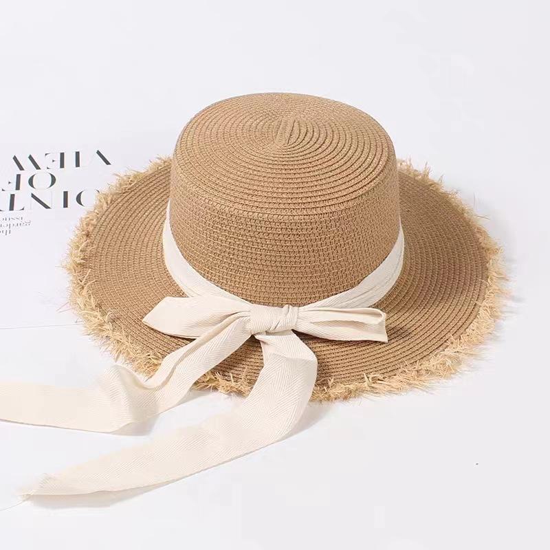 Women's Summer Japanese Style Versatile Frayed Edge Straw Hat Flat Top Vacation Outing Woven Sun Hat Bowknot Sunshade Beach Hat