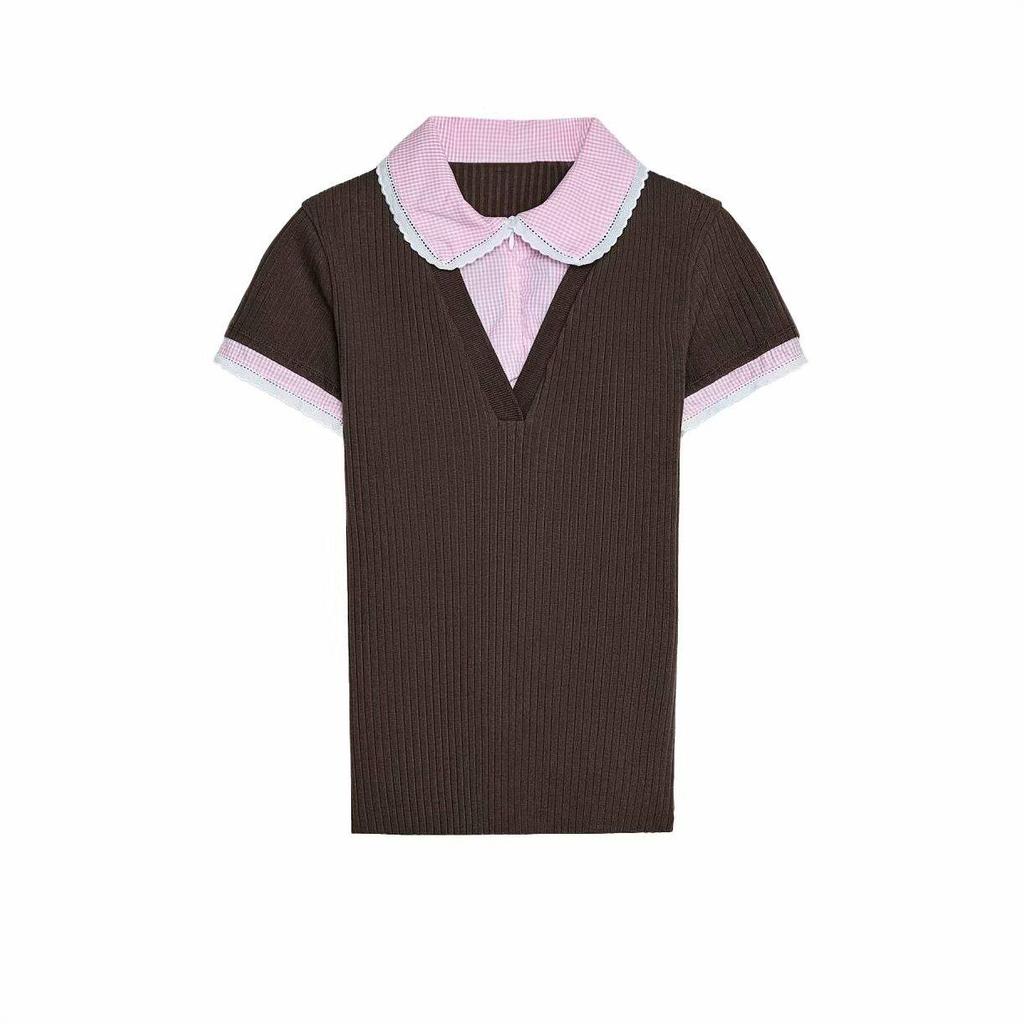 2025 European & American Style Women's Spring Ribbed T-Shirt with Turn-Down Collar