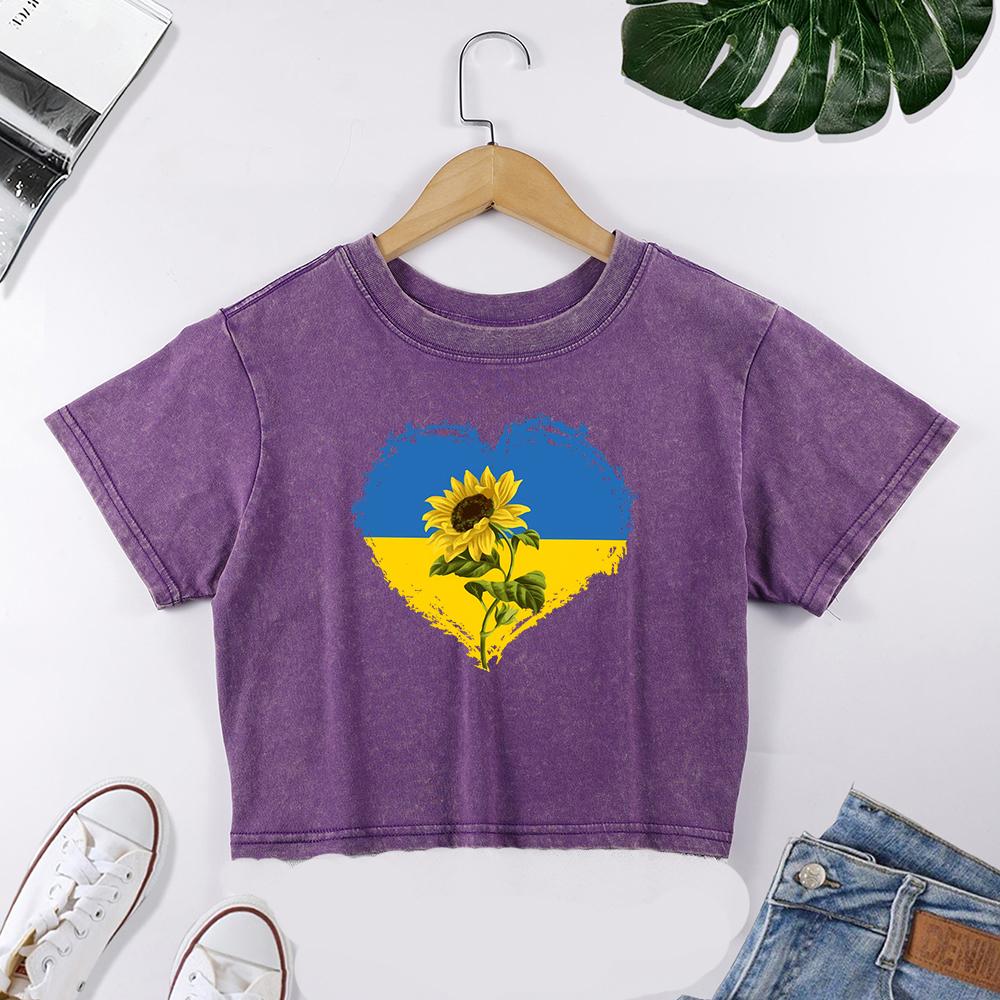 Ukrainian Flag Pattern Sunflower Printing Women Lace Washed Crop T Shirt Slim Crewneck T-Shirt Summer Cotton Female Streetwear
