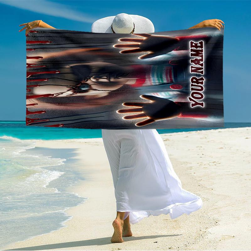1PC Custom Name Horror Movie Poster Beach Towel Highly Absorbent And Sand-Resistant Towel for Swimming, Pool, Yoga, And Travel Lightweight