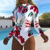 Women Long Sleeve One Piece Swimsuit Zip Front Seaside Scenery Print Rash Guard Surfing Bathing Suit