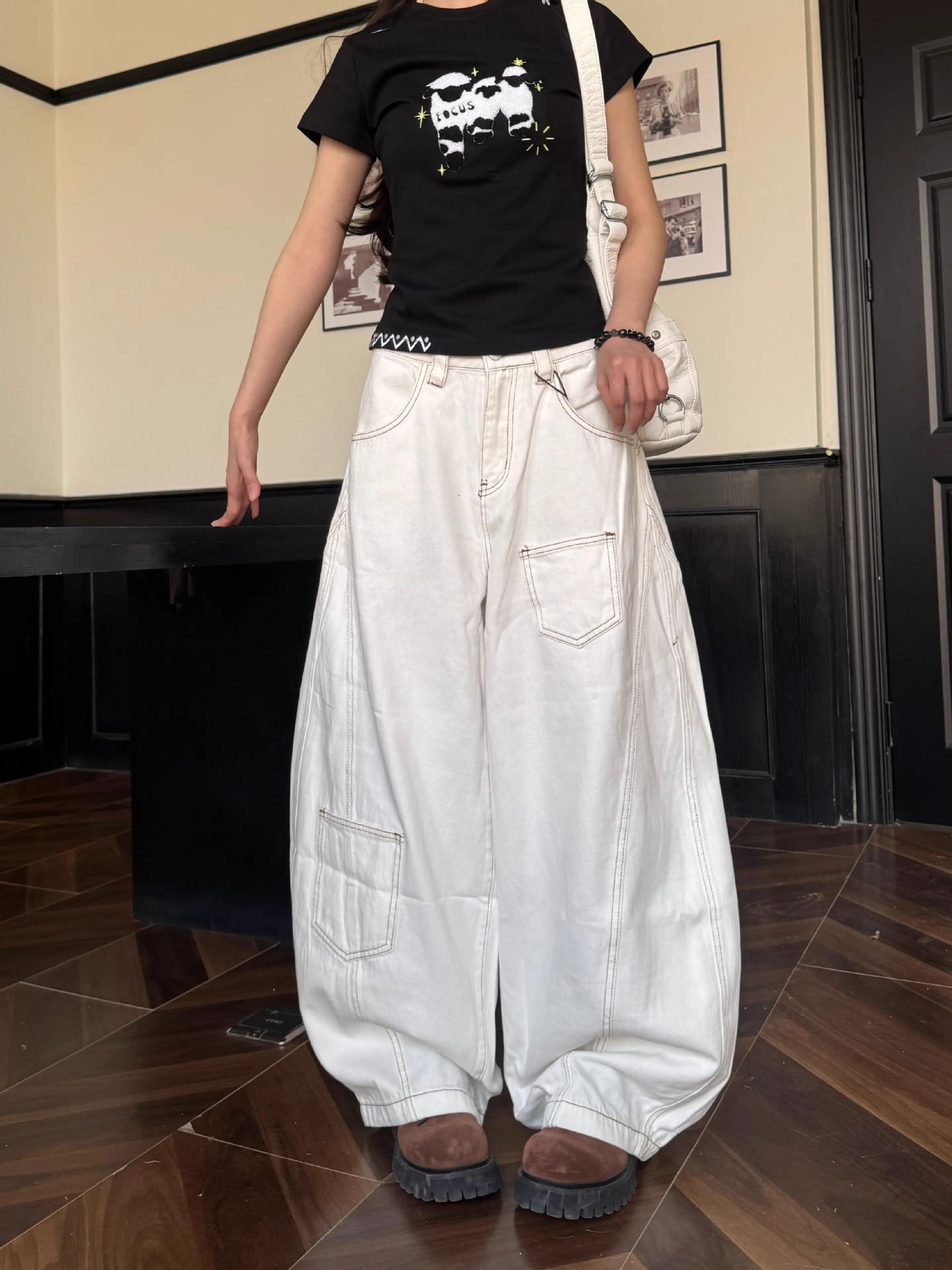 Women s Trendy Retro High-End White Wide-Leg Jeans with Curved Knife Deconstructed Multi-Pockets Small