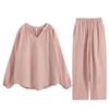Womens Lightweight Cotton Pajama Set V-Neck Long Sleeve Loose Lounge Wear