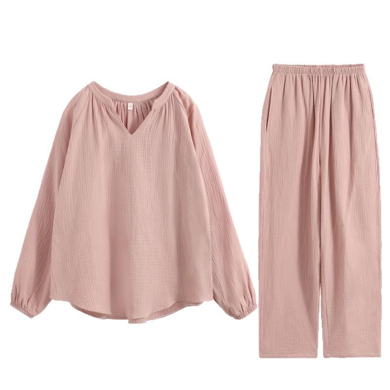 Womens Lightweight Cotton Pajama Set V-Neck Long Sleeve Loose Lounge Wear