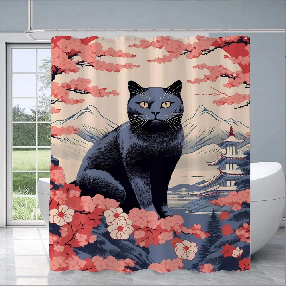 Black Cat Cover Curtain Cloth Curtains For Bathroom Shower Curtins Bath Waterproof Fabric Full 200X180 Funny Products Household