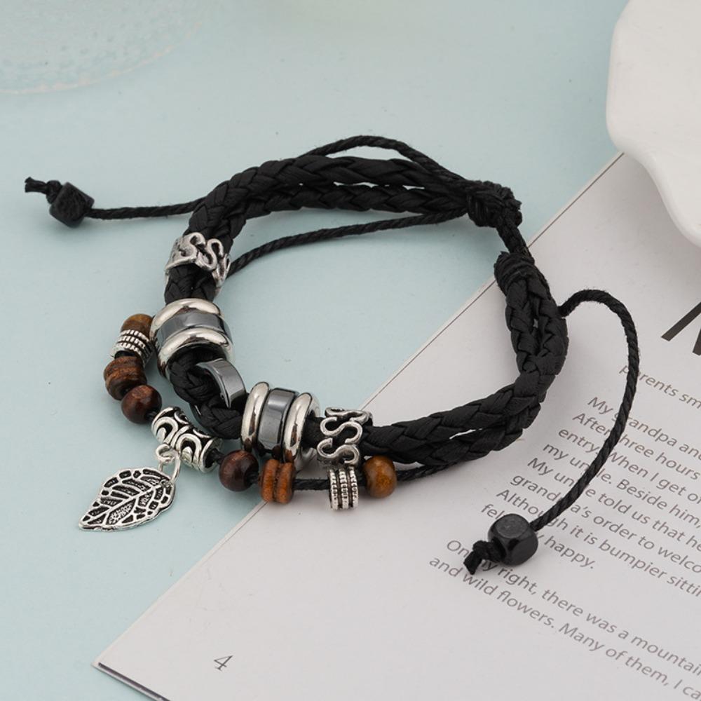 Braided Wrap Leather Bracelets for Men Vintage Charm Beads Wristband Rope Bracelet
