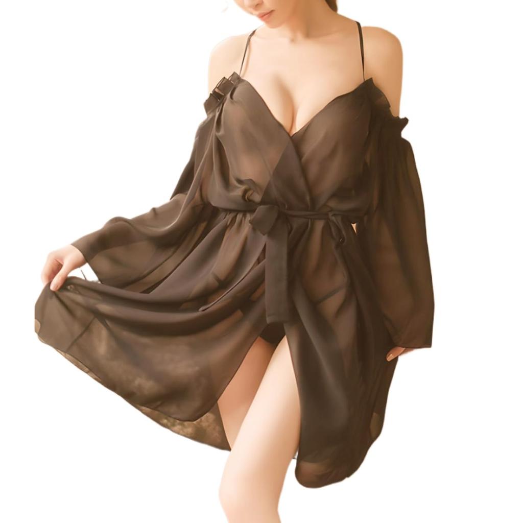 Lingerie Shorts Loose [AQURAD] Simple, Sexy, Babydoll, Shirt-Style, Off-Shoulder, Pajamas, Nightwear, Set, Fit, Sheer, Cute, Women's (Black)