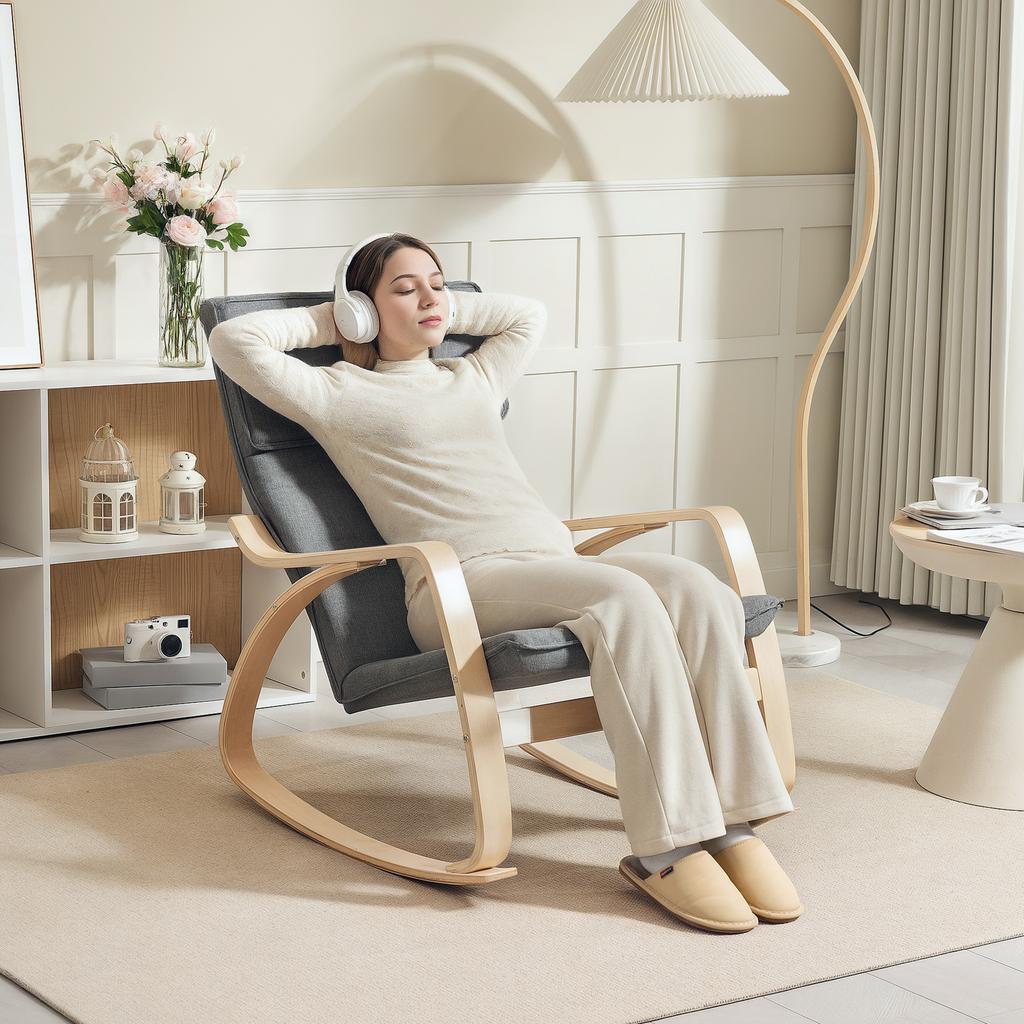 Comfortable Relax Rocking Chair, Upholstered Lounge Chair Recliner with High Back and Headrest for Living Room, Bedroom, Grey