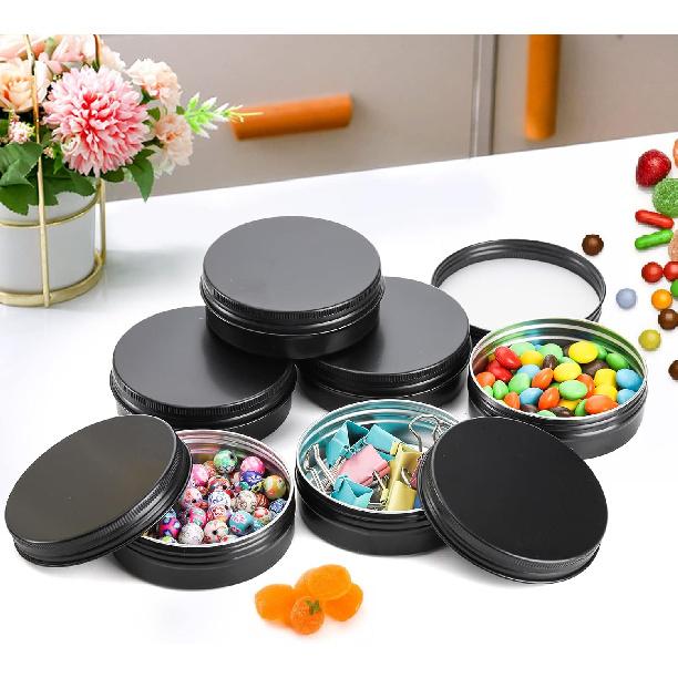 Foraineam 48 Pack 2 oz Round Lip Balm Tin Cans - Aluminum Cosmetic Sample Containers with Screw Lid - Matte Black Metal Empty Tins Storage Travel Tin
