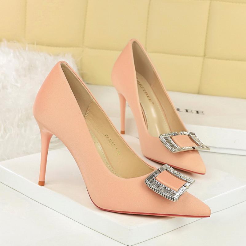 Fashionable High Heels For Women With Light Mouth Square Buckle Rhinestone Slim Heels Single Shoes Pointed Toe High-End Shoes