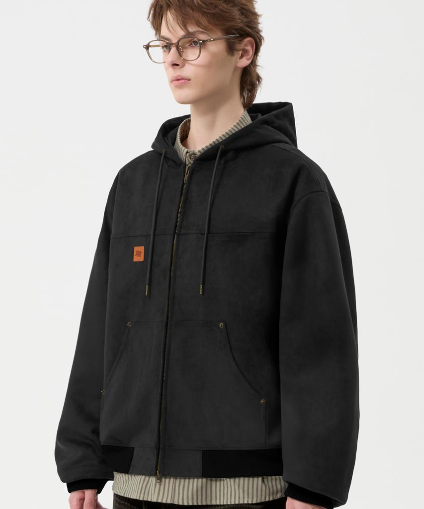 Trillion Leather Patch Suede Work Zip-Up Hoodie_Black