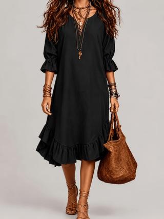 European and American dresses fashion temperament V-neck medium-sleeved ruffle hem casual dresses women's clothing