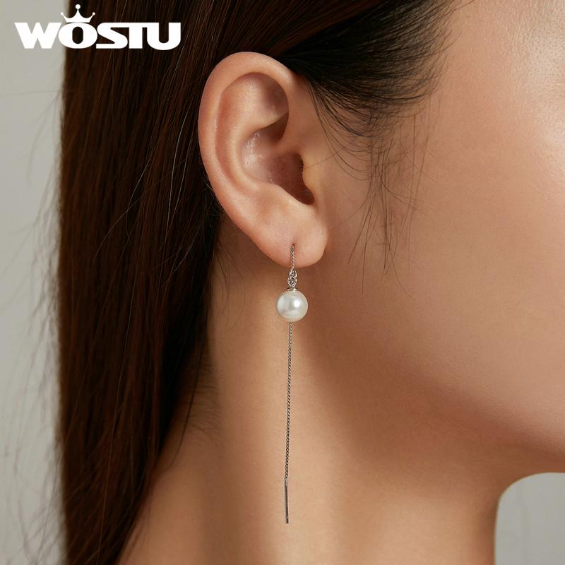 WOSTU 925 Sterling Silver Long Tassel Ear Cords Simple Shell Pearl Line Drop Earrings For Women Fashion Silver Jewelry CQE878-B