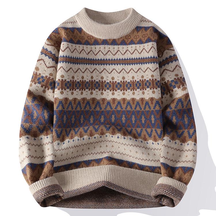 

Этнический цветочный вязаный свитер на осень и зиму - с полувысоким воротником 3XL кофейный