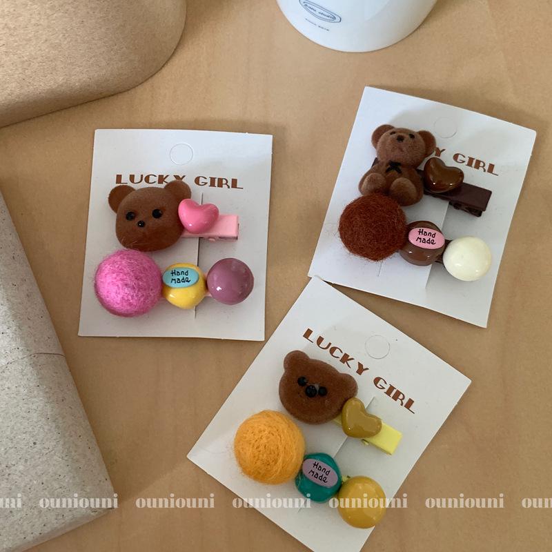 Korean Flocked Teddy Bear Snap Clips - Cute Colorful Felt Ball Hair Clips for Babies & Kids