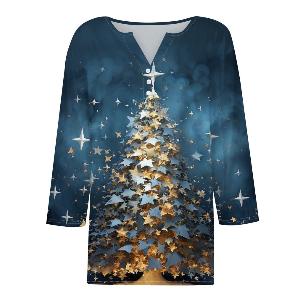 Women's T Shirt Tee Print Button 3/4 Sleeve Daily Weekend Fashion Basic V- Neck Regular Top